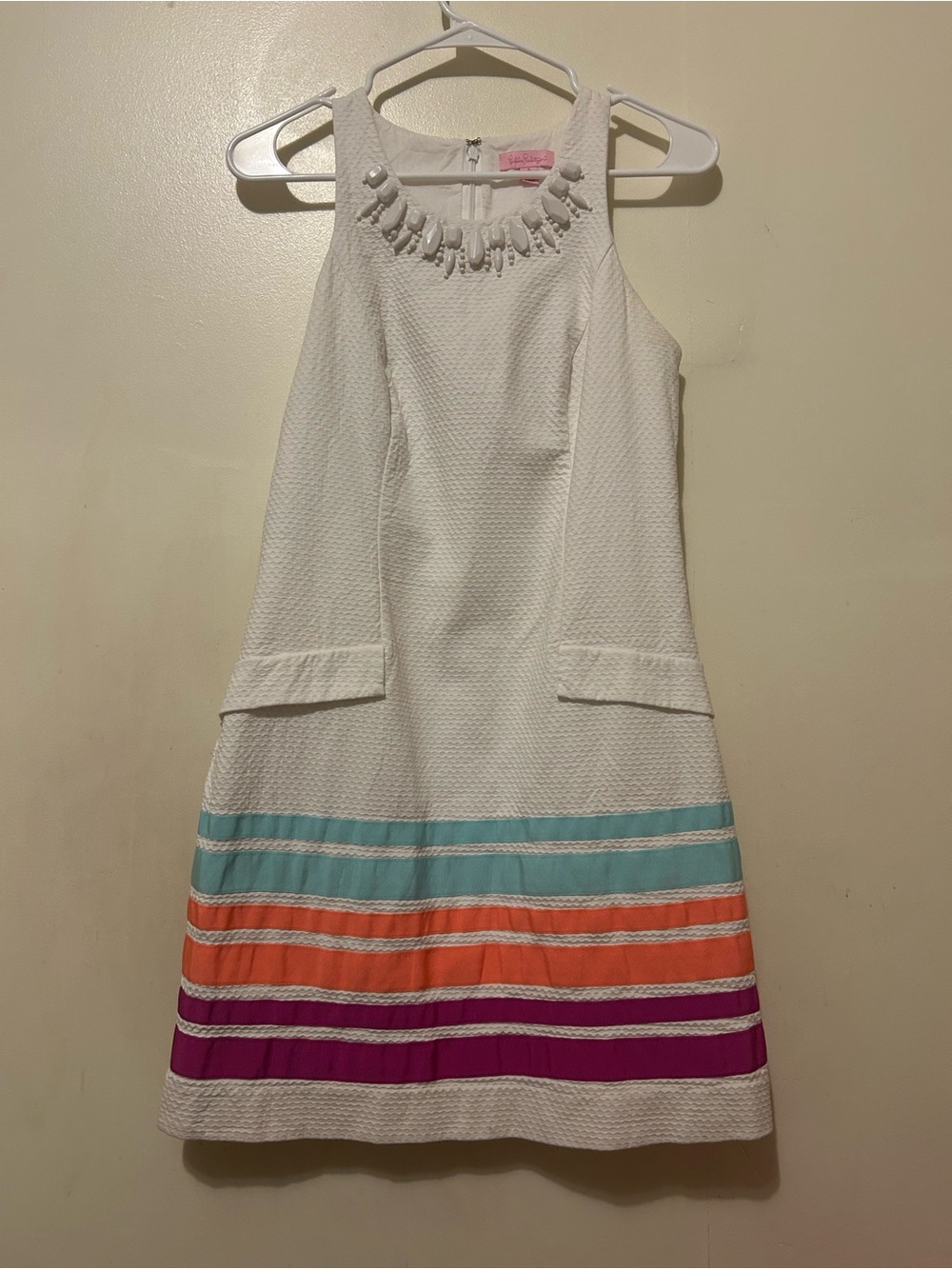 Lilly Pulitzer White Mini Pique Dress Sz 4 w/ Aqua, Orange and Magenta Stripes